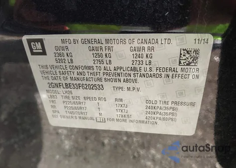 2015 Chevrolet Equinox 1Lt из США, поврежденный, VIN 2GNFLBE33F6202533